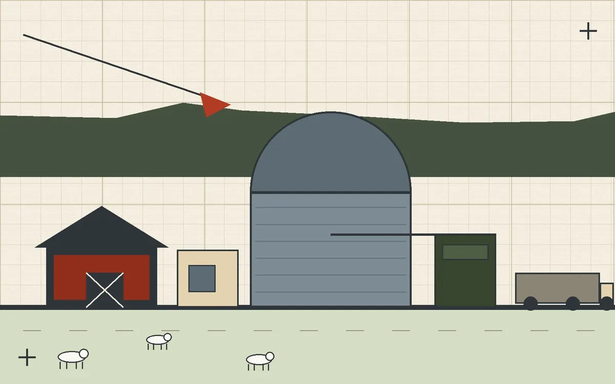 Flat geometric illustration of a Vermont dairy farm with a red barn, a large cylindrical digester tank, a pipe running to a small conditioning unit, a food-waste truck, and cows in the pasture