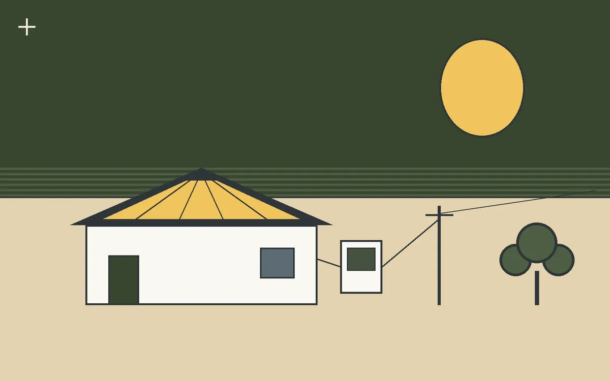 Flat geometric illustration of a white Vermont cape house at dusk with rooftop solar panels, a wall-mounted home battery, and a utility pole connected by power lines